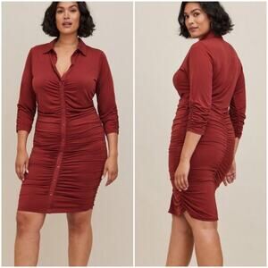 New TORRID At The Knee Studio Knit Shirred Shirt Dress Rust Brown Women's 4X